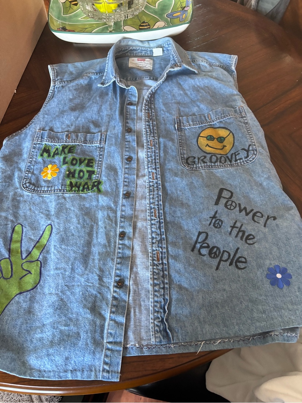 Vintage Levi's Light Blue Denim Jacket With Flower Details, Sayings Size XL